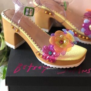 Betsey Johnson Yellow Heels with Multicolor Floral Accents